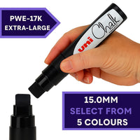 uni PWE-17K extra broad 15mm chisel liquid chalk marker held in hand, 5 colours available at PoscART