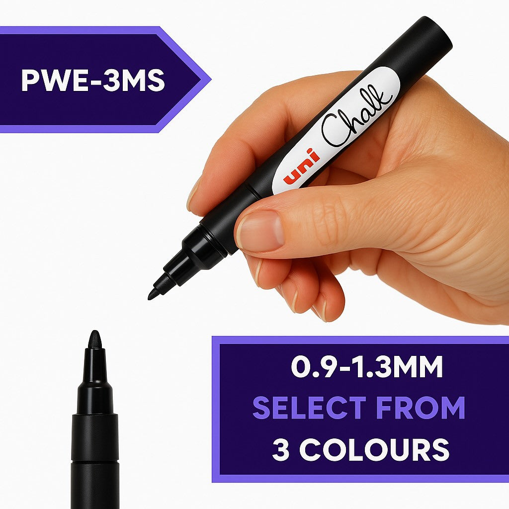 uni PWE-3MS fine liquid chalk marker held in hand, 3 colours available at PoscART