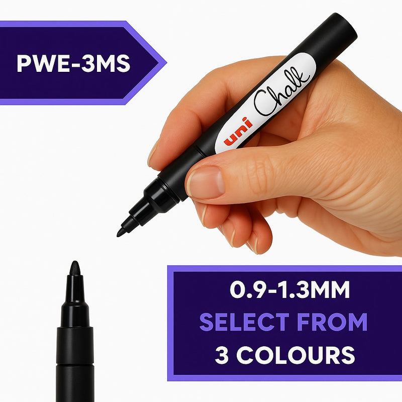 uni PWE-3MS fine liquid chalk marker held in hand, 3 colours available at PoscART