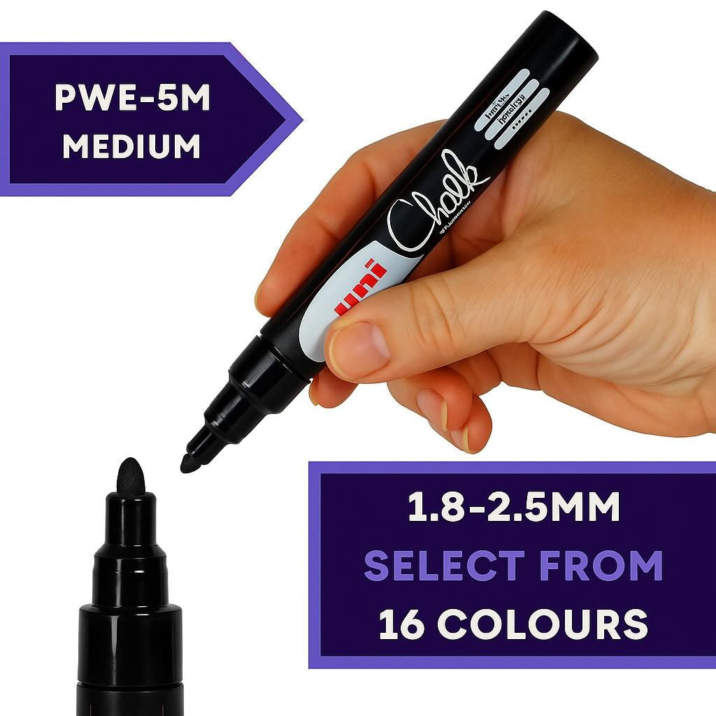uni PWE-5M medium liquid chalk marker held in hand, 16 colours available at PoscART