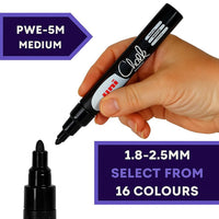 uni PWE-5M medium liquid chalk marker held in hand, 16 colours available at PoscART