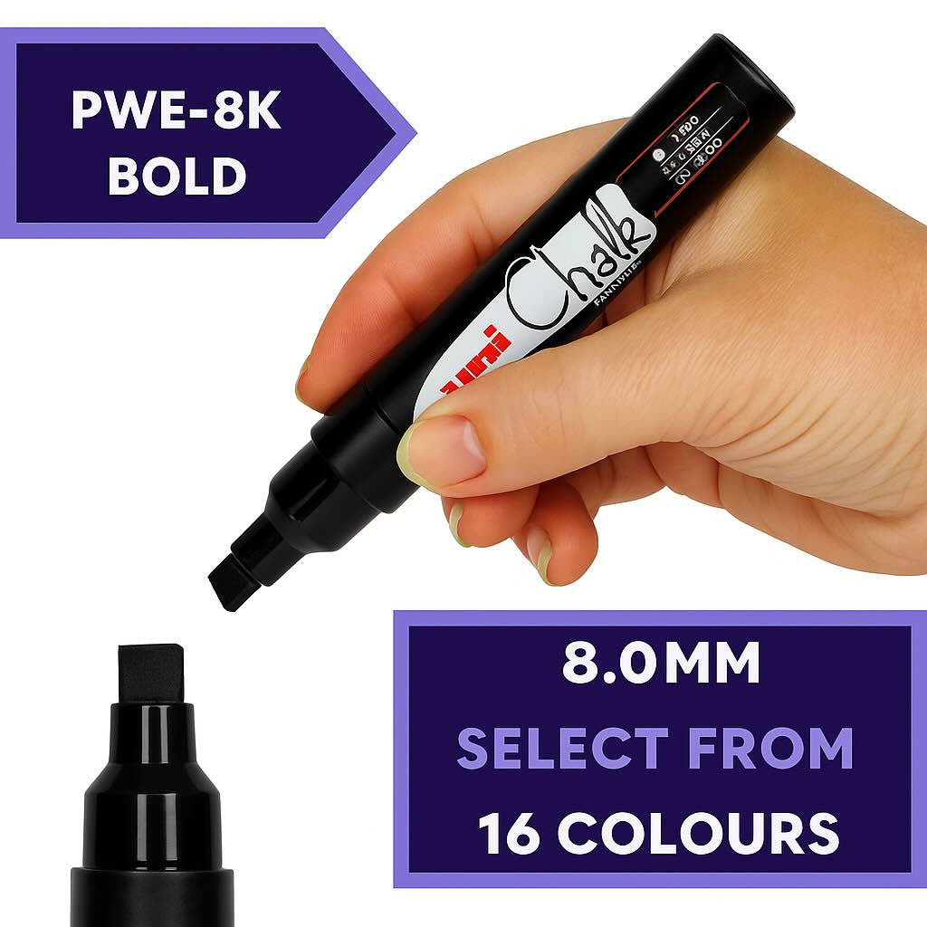 uni PWE-8K broad chisel liquid chalk marker, 16 colours available at PoscART