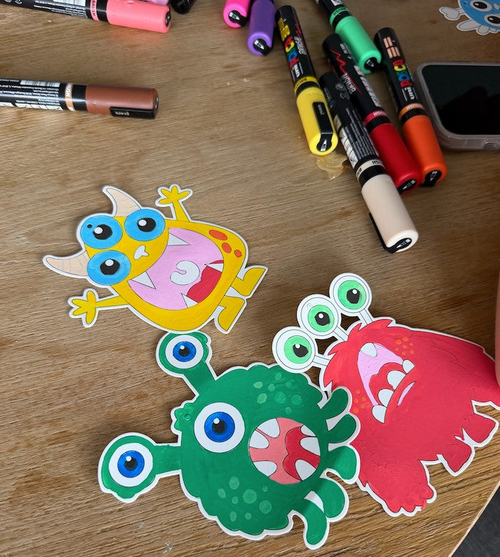 PoscART colour in monster cards set of 8, uncoloured line art beside finished designs