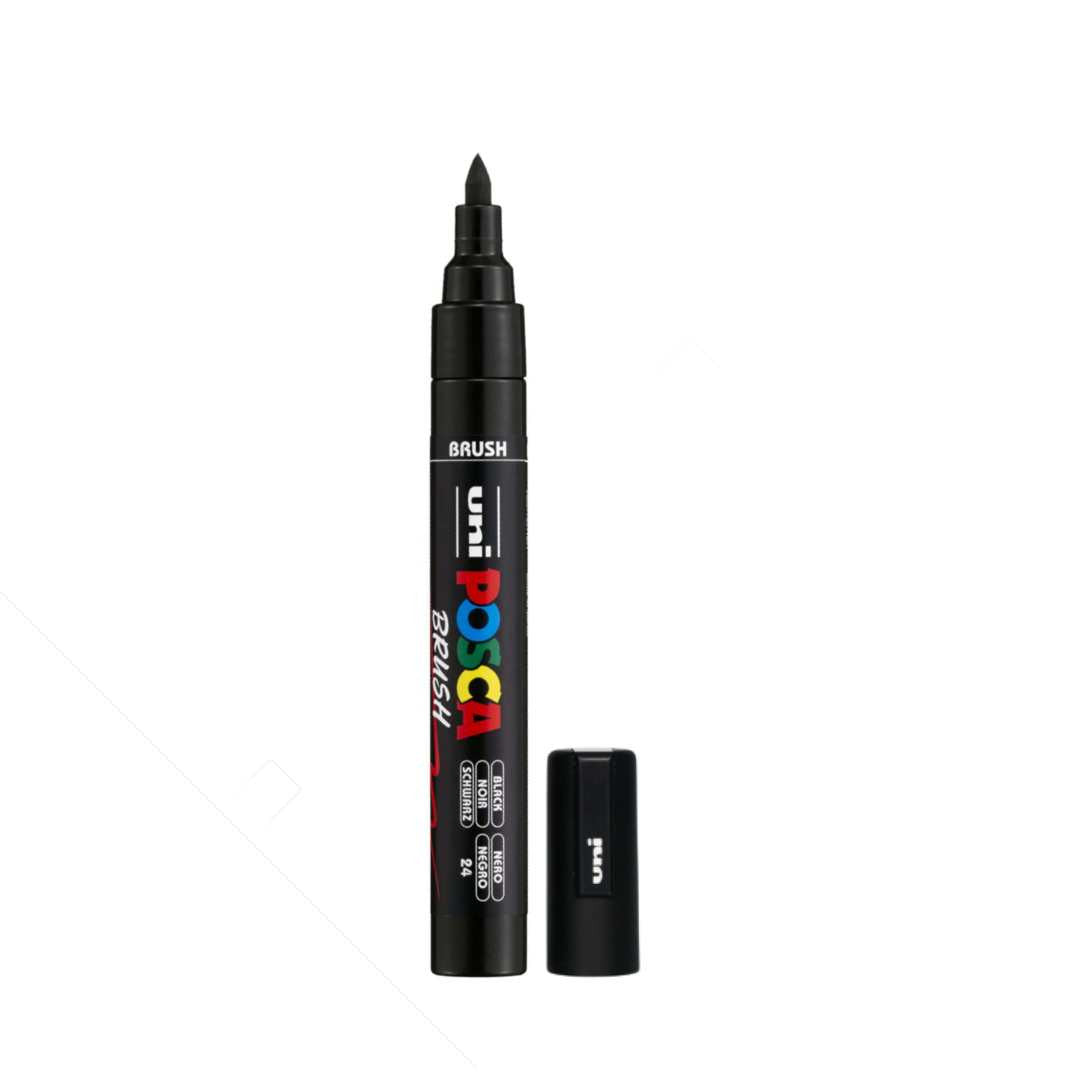 POSCA PC-5BR paint marker standing with cap removed showing the brush tip