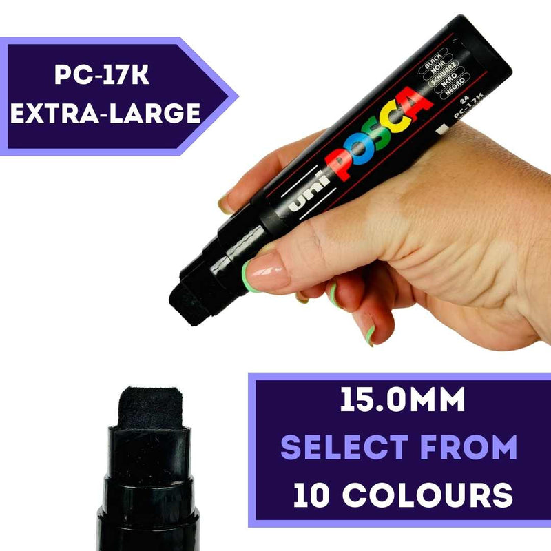 POSCA PC-17K extra broad 15mm paint marker held in hand, 10 colours available at PoscART