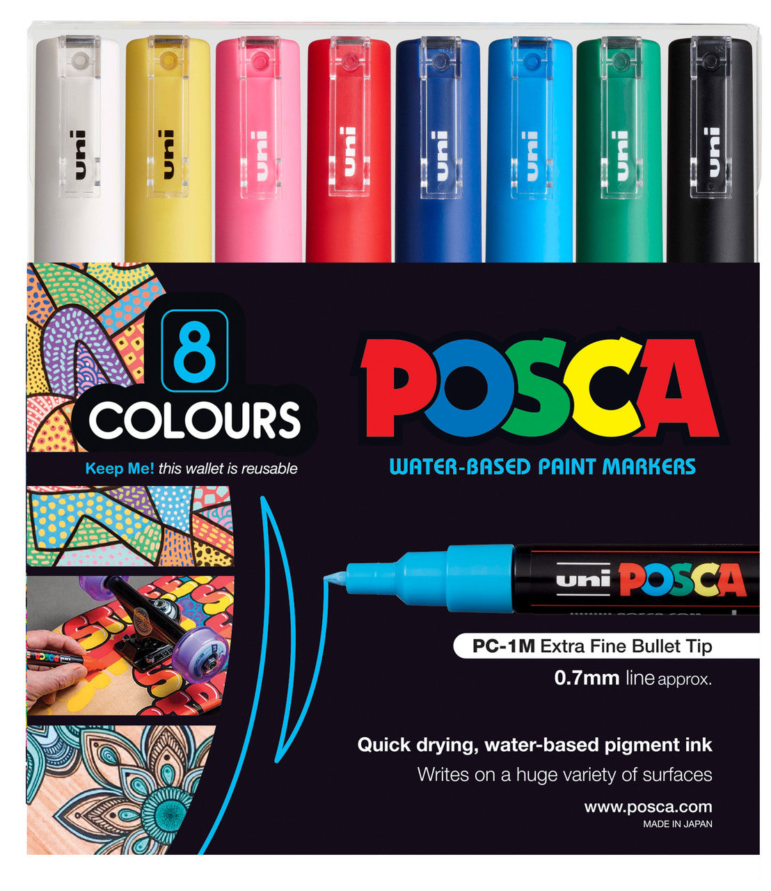 POSCA PC-1M wallet of 8 assorted colours with extra fine tips