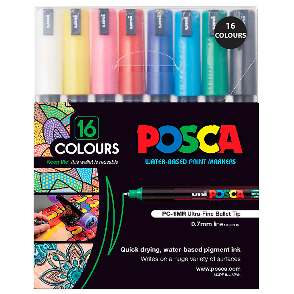 POSCA PC-1MR wallet of 16 assorted colours with ultra fine tips
