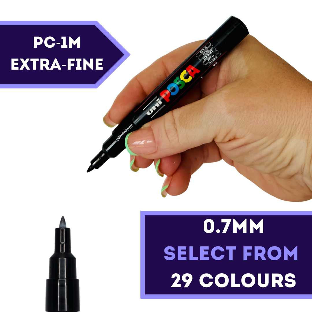POSCA PC-1M extra fine 0.7 to 1mm paint marker held in hand, 29 colours available at PoscART