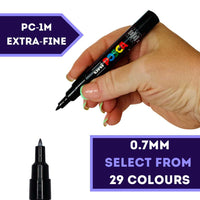 POSCA PC-1M extra fine 0.7 to 1mm paint marker held in hand, 29 colours available at PoscART