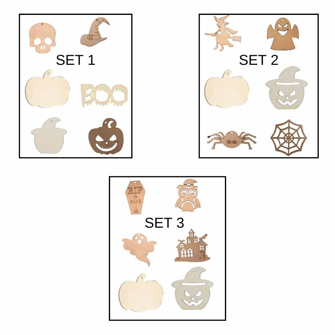 DIY wooden Halloween craft decorations set of 6, shapes grouped for craft projects