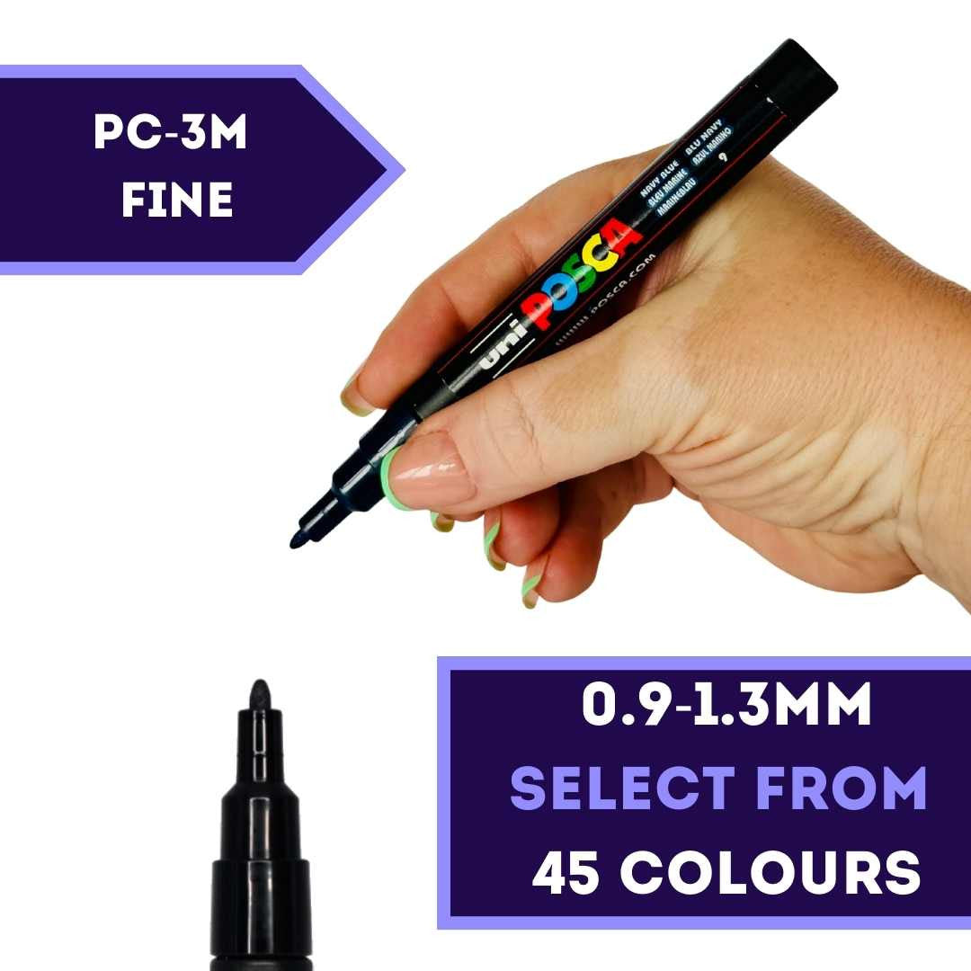 POSCA PC-3M fine 0.9 to 1.3mm paint marker held in hand, 45 colours available at PoscART