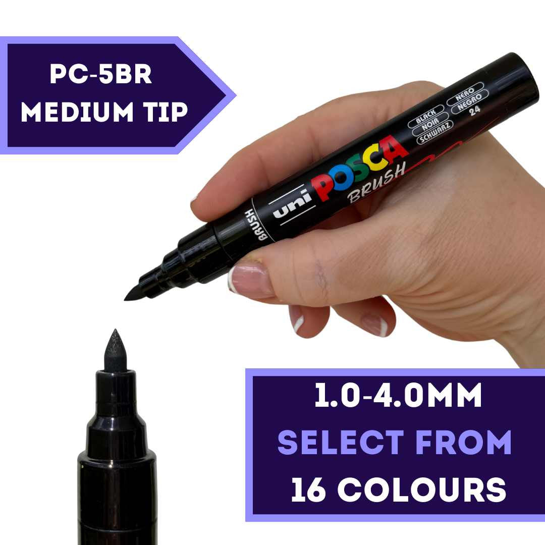 POSCA PC-5BR brush tip paint marker held in hand, 16 colours available at PoscART