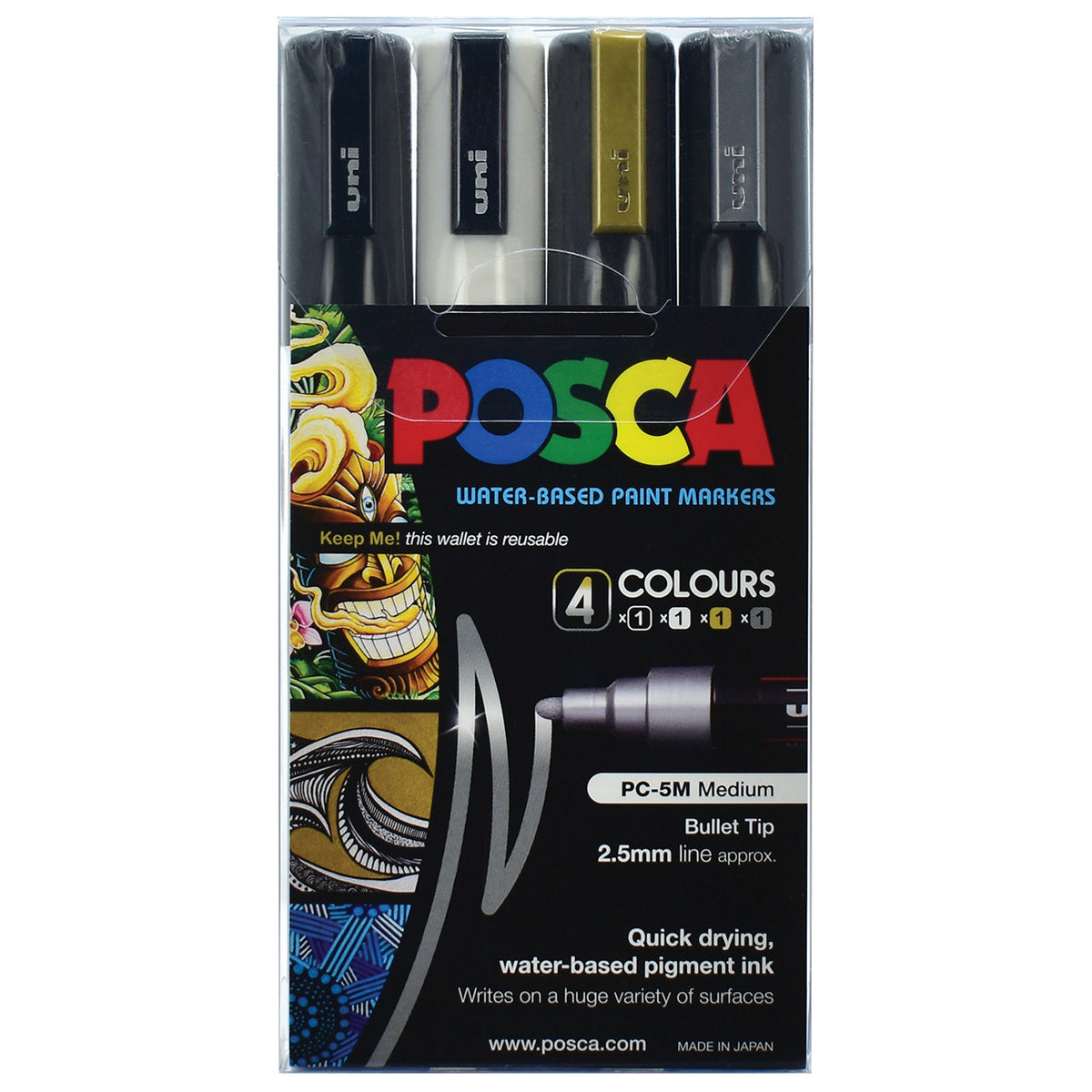 POSCA PC-5M metallic accent wallet of 4 in gold, silver, black and white