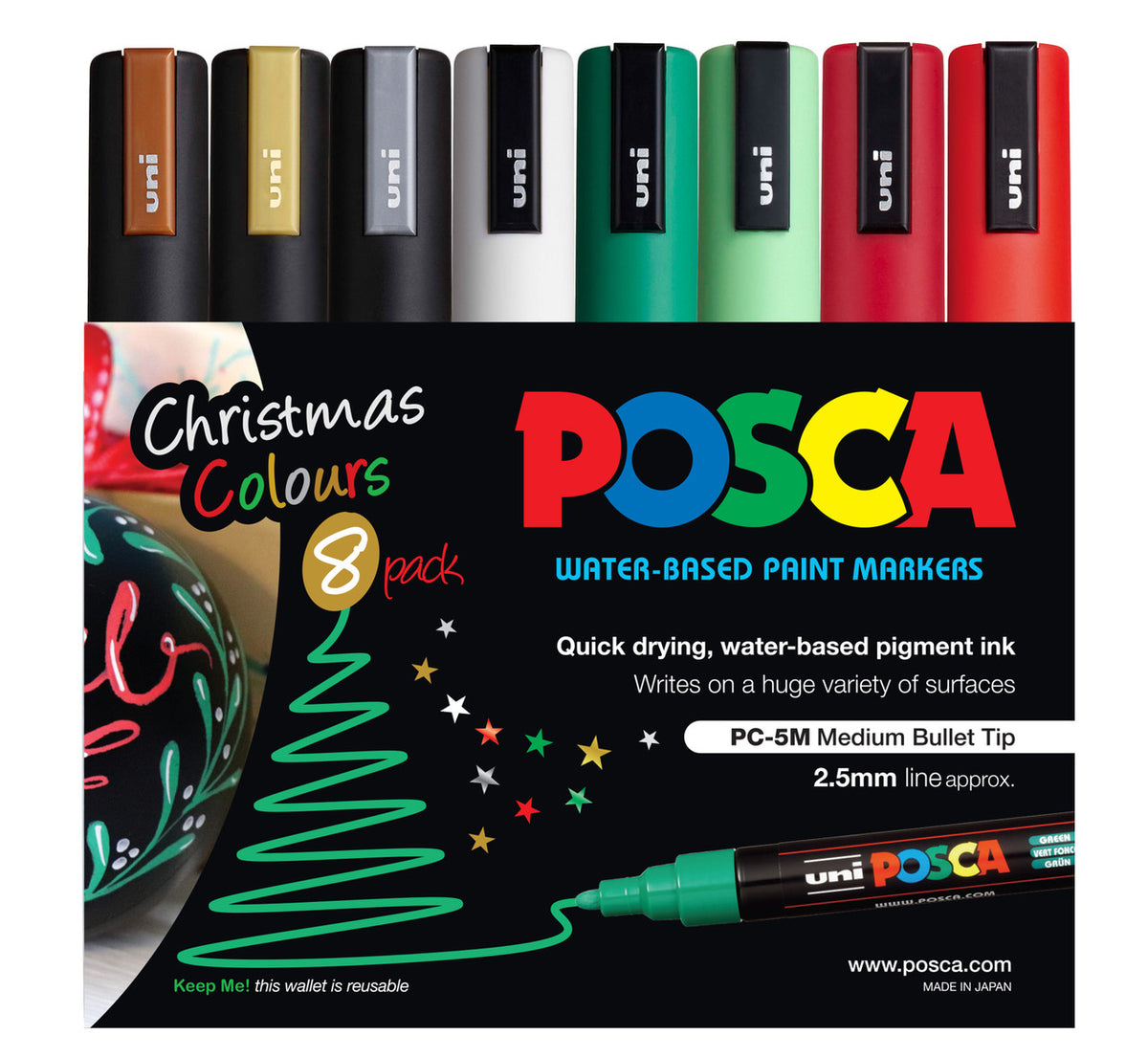 POSCA PC-5M Christmas colour tones wallet of 8 in packaging