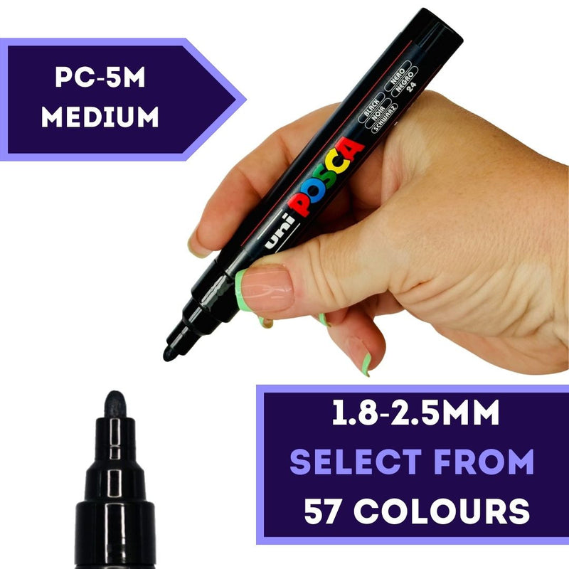 POSCA PC-5M medium 1.8 to 2.5mm paint marker held in hand, 57 colours available at PoscART