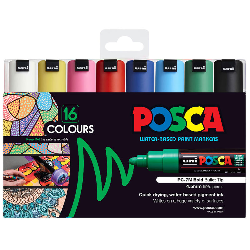 POSCA PC-7M wallet of 16 assorted colours with broad bullet tips