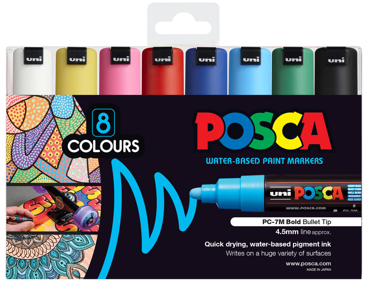 POSCA PC-7M wallet of 8 assorted colours with broad bullet tips