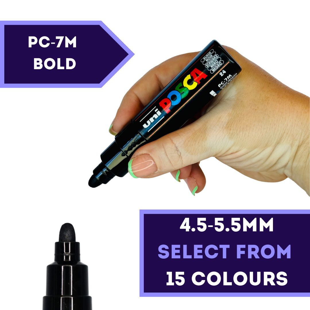 POSCA PC-7M broad 4.5 to 5.5mm bullet tip paint marker held in hand, 15 colours available at PoscART