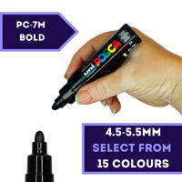 POSCA PC-7M broad 4.5 to 5.5mm bullet tip paint marker held in hand, 15 colours available at PoscART