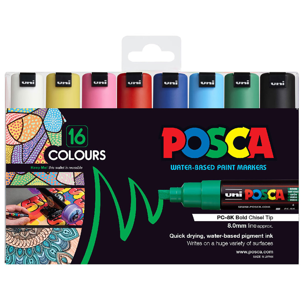 POSCA PC-8K wallet of 16 assorted colours with broad chisel tips