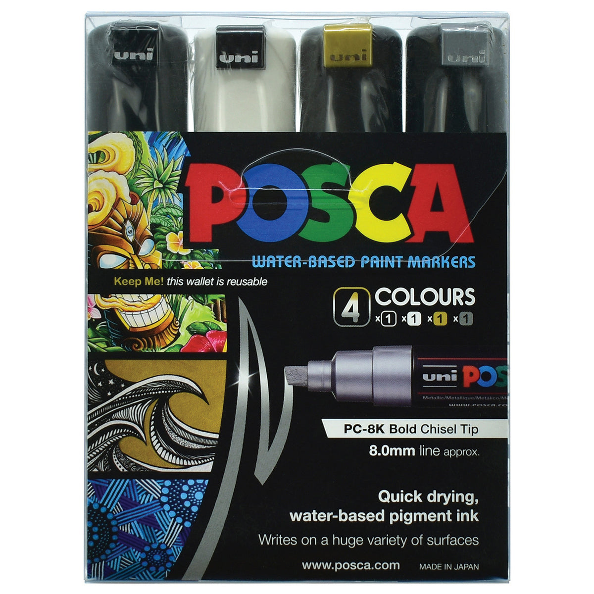 POSCA PC-8K metallic accent wallet of 4 in gold, silver, white and black
