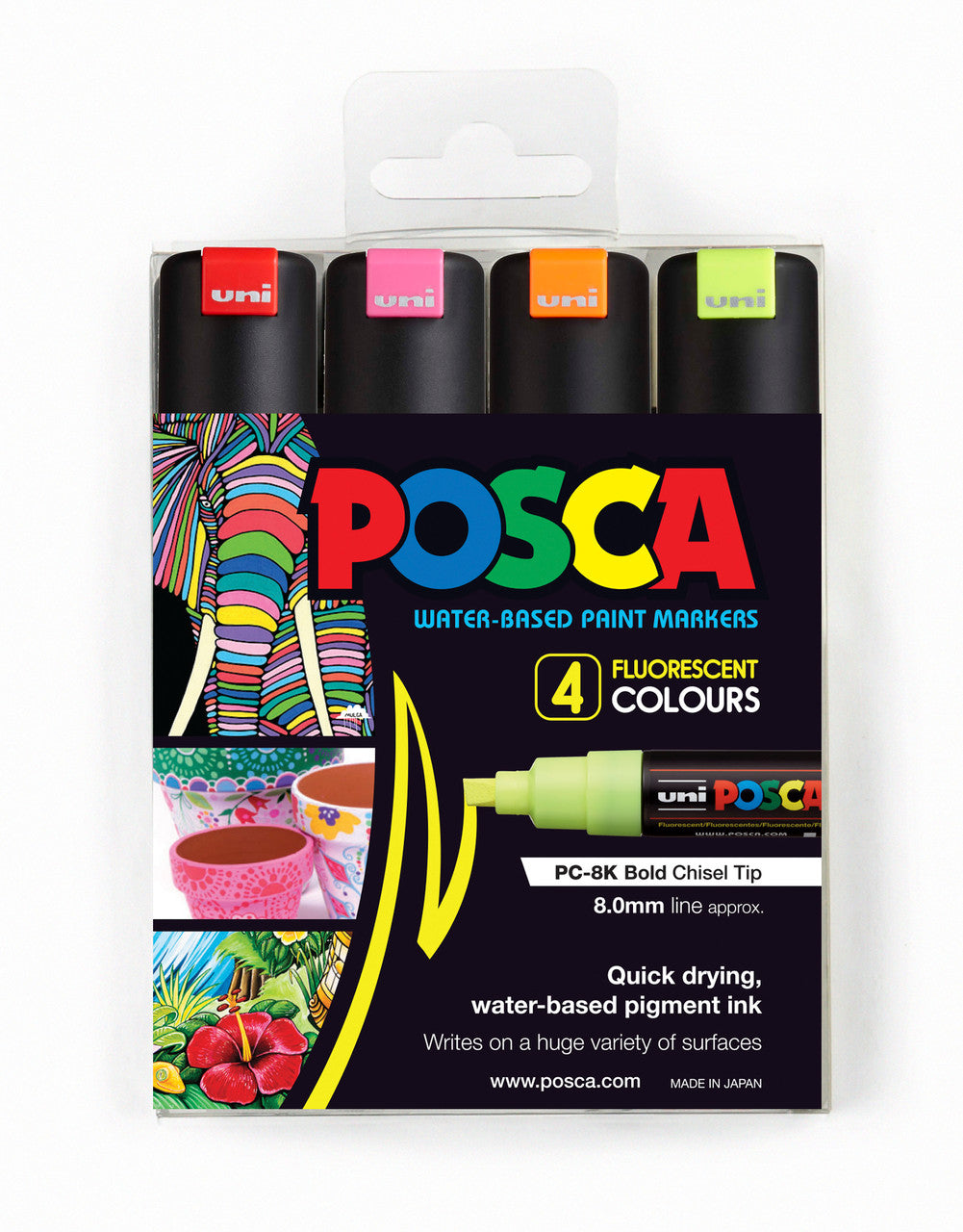 POSCA PC-8K fluorescent wallet of 4 chisel tip paint markers in packaging