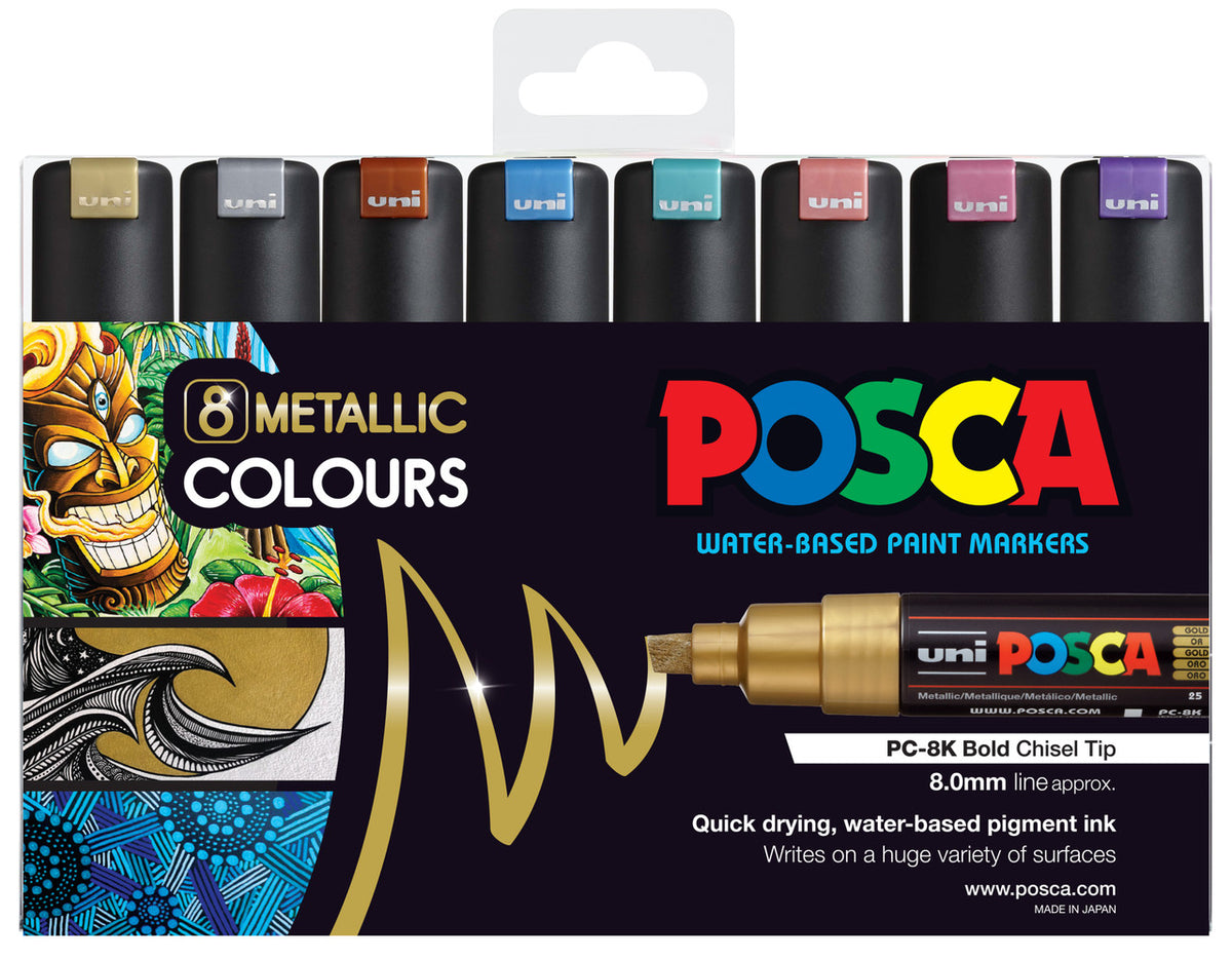 POSCA PC-8K metallic wallet of 8 chisel tip paint markers in packaging