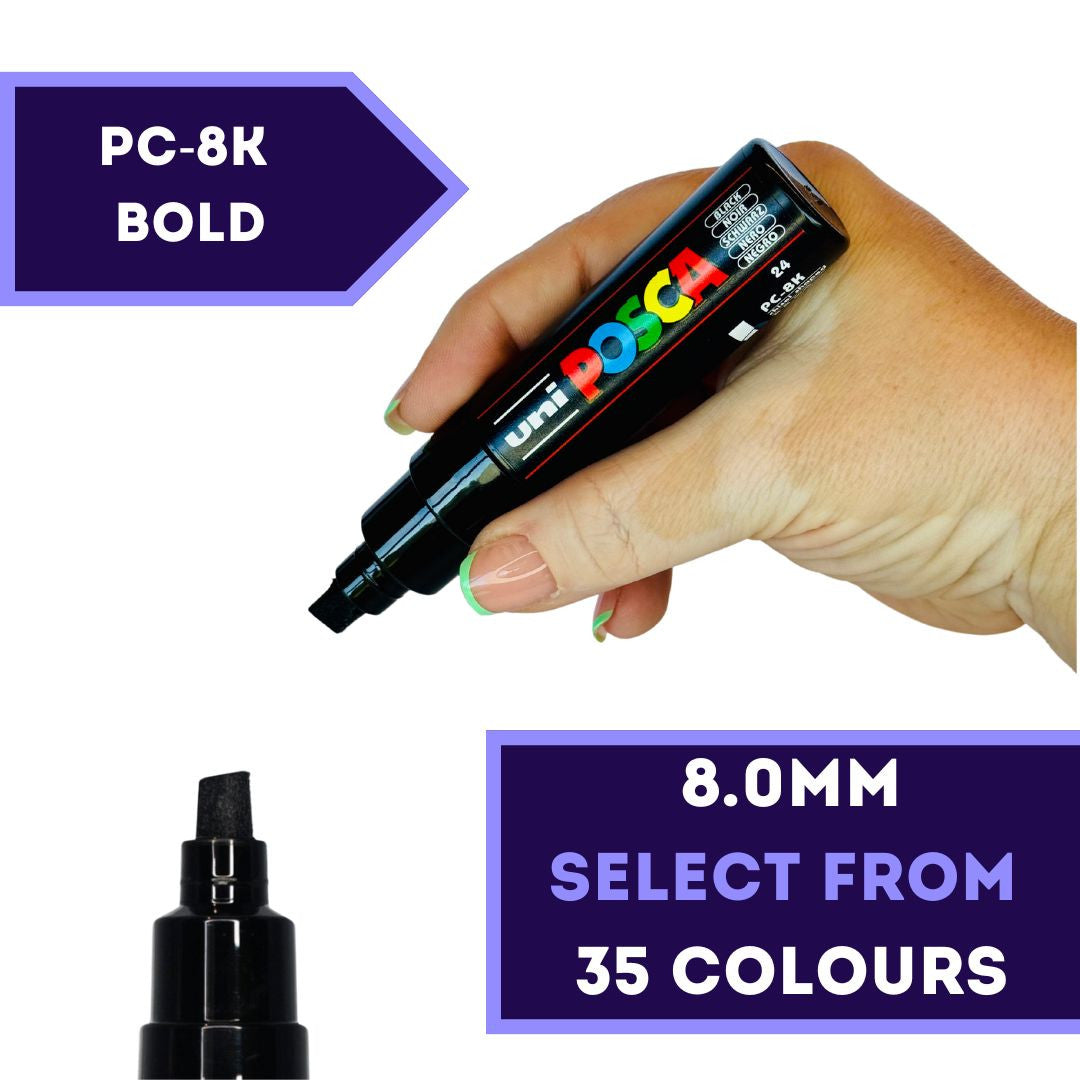 POSCA PC-8K broad 8mm chisel tip paint marker, 35 colours available at PoscART
