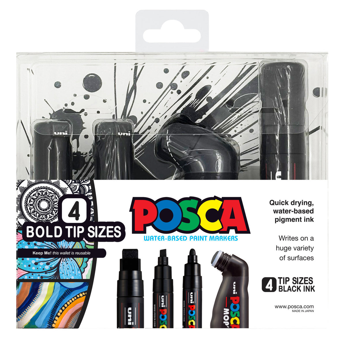 POSCA bold tips black wallet of 4 markers in the reusable wallet