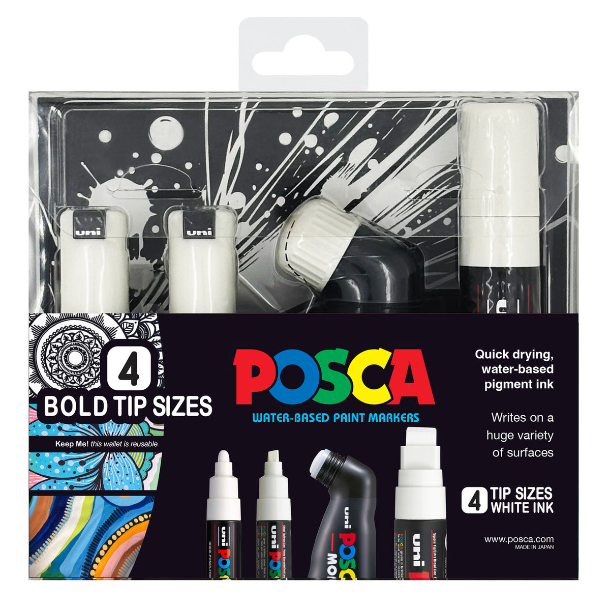 POSCA bold tips white wallet of 4 markers in the reusable wallet