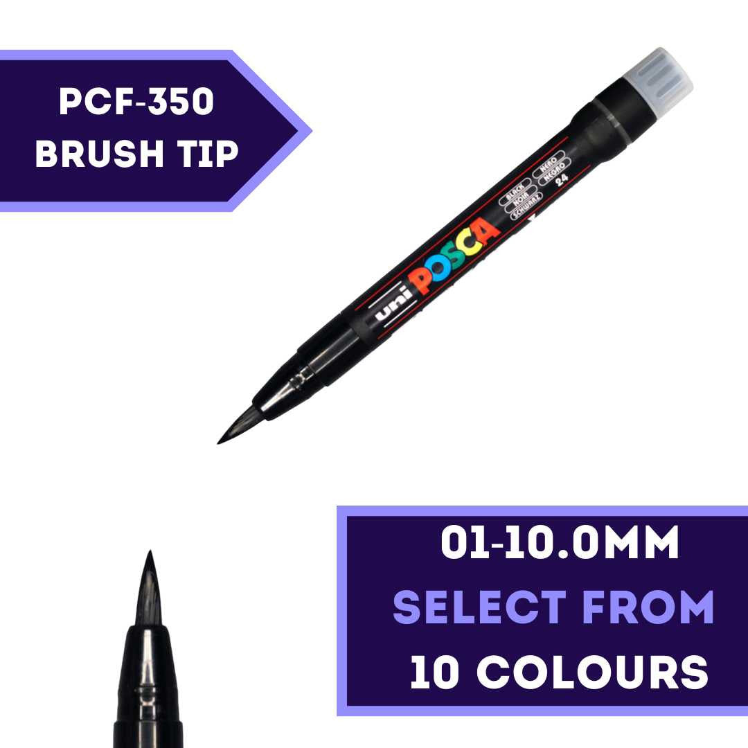 POSCA PCF-350 brush tip paint marker held in hand, 10 colours available at PoscART