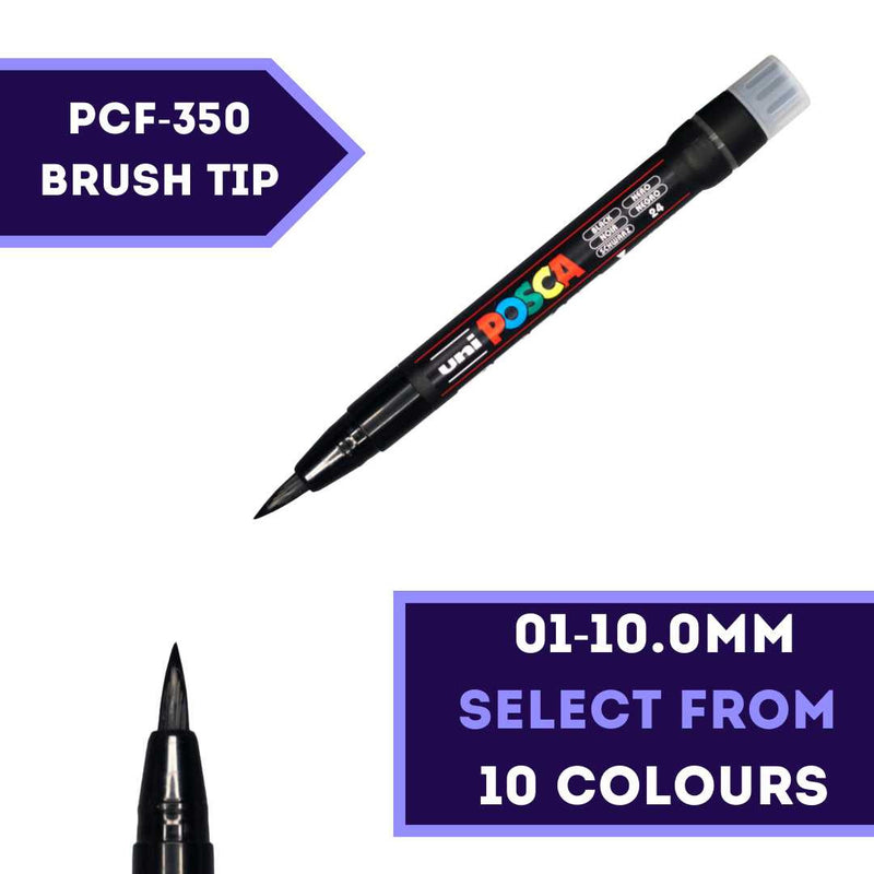 POSCA PCF-350 brush tip paint marker held in hand, 10 colours available at PoscART