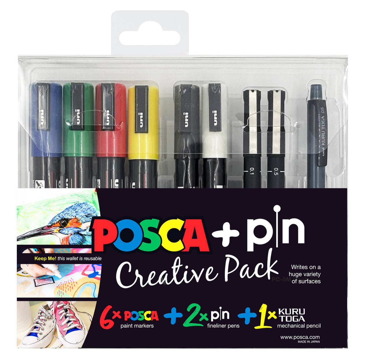 POSCA 9 piece creative pack with 6 POSCA markers, 2 uni PIN fineliners and a Kuru Toga pencil in a reusable wallet