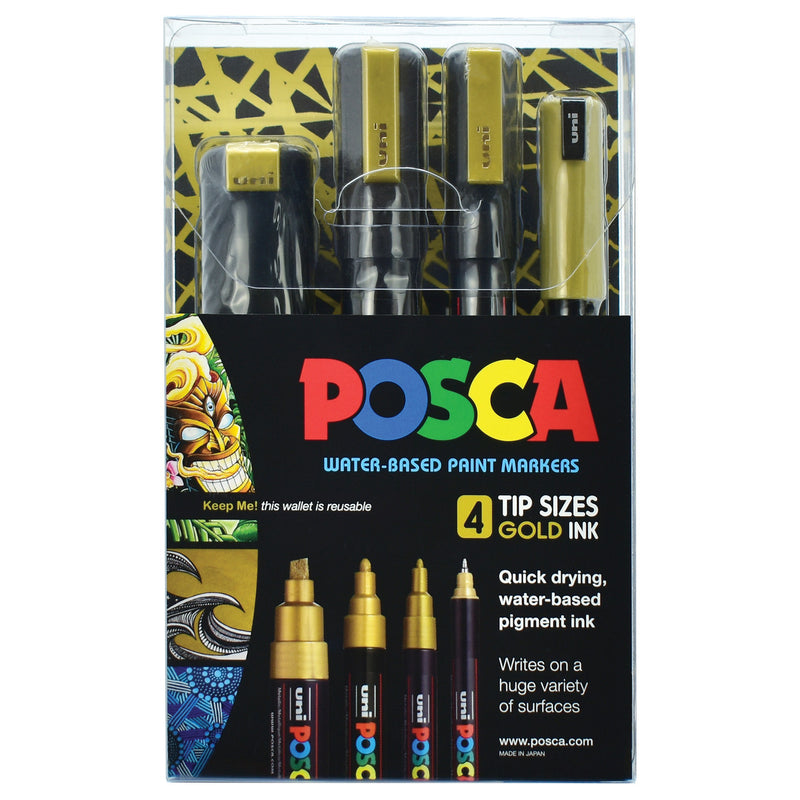 POSCA gold marker wallet of 4 tip sizes in metallic gold