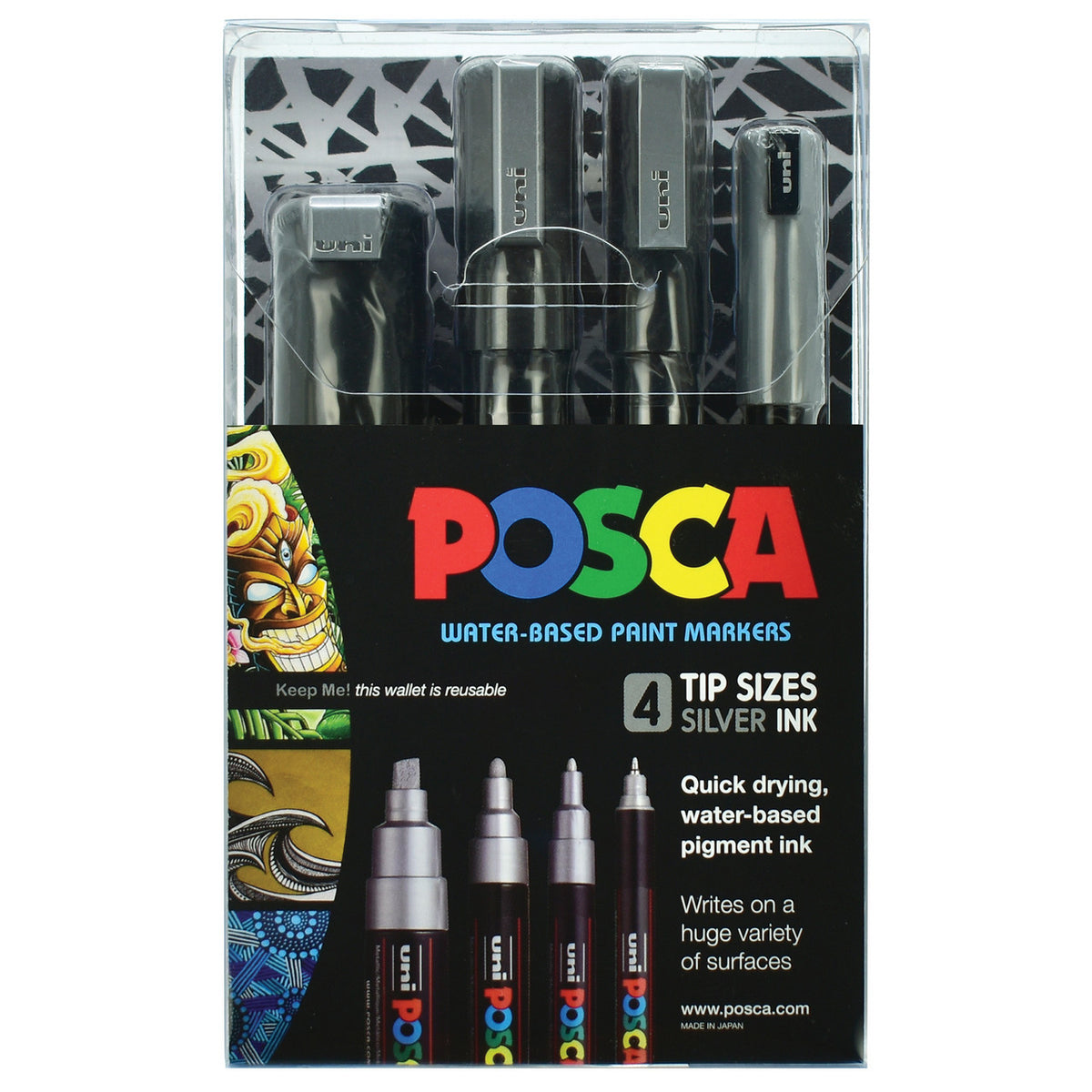 POSCA silver marker wallet of 4 tip sizes in metallic silver