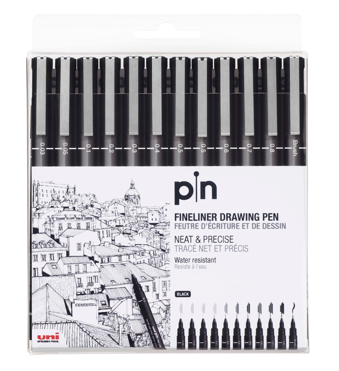 uni PIN fineliner drawing pens, black, wallet of 12 with assorted tips