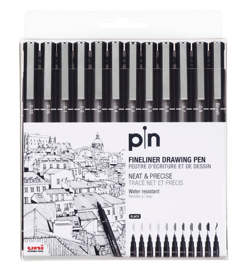 uni PIN fineliner drawing pens, black, wallet of 12 with assorted tips