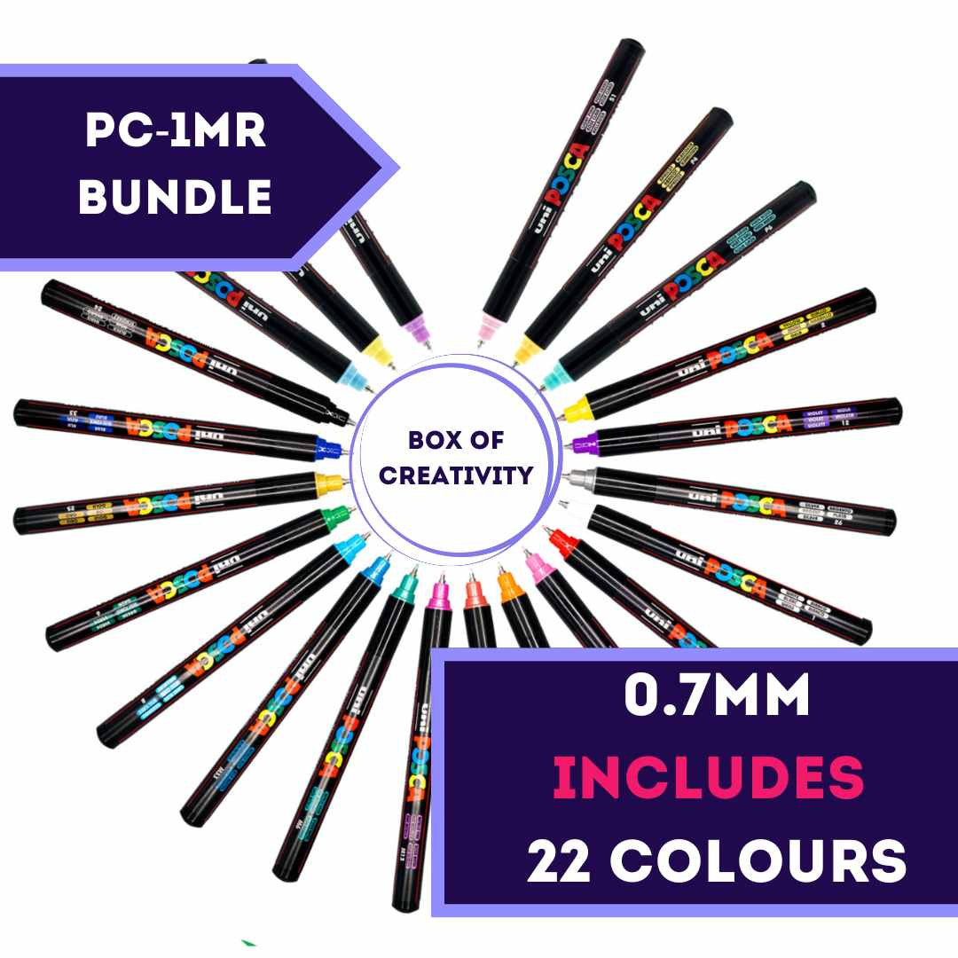 All 22 POSCA PC-1MR ultra fine colours laid out around the PoscART box
