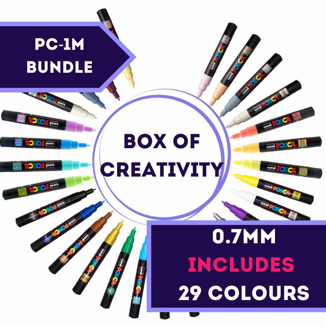 All 29 POSCA PC-1M extra fine colours laid out around the PoscART box