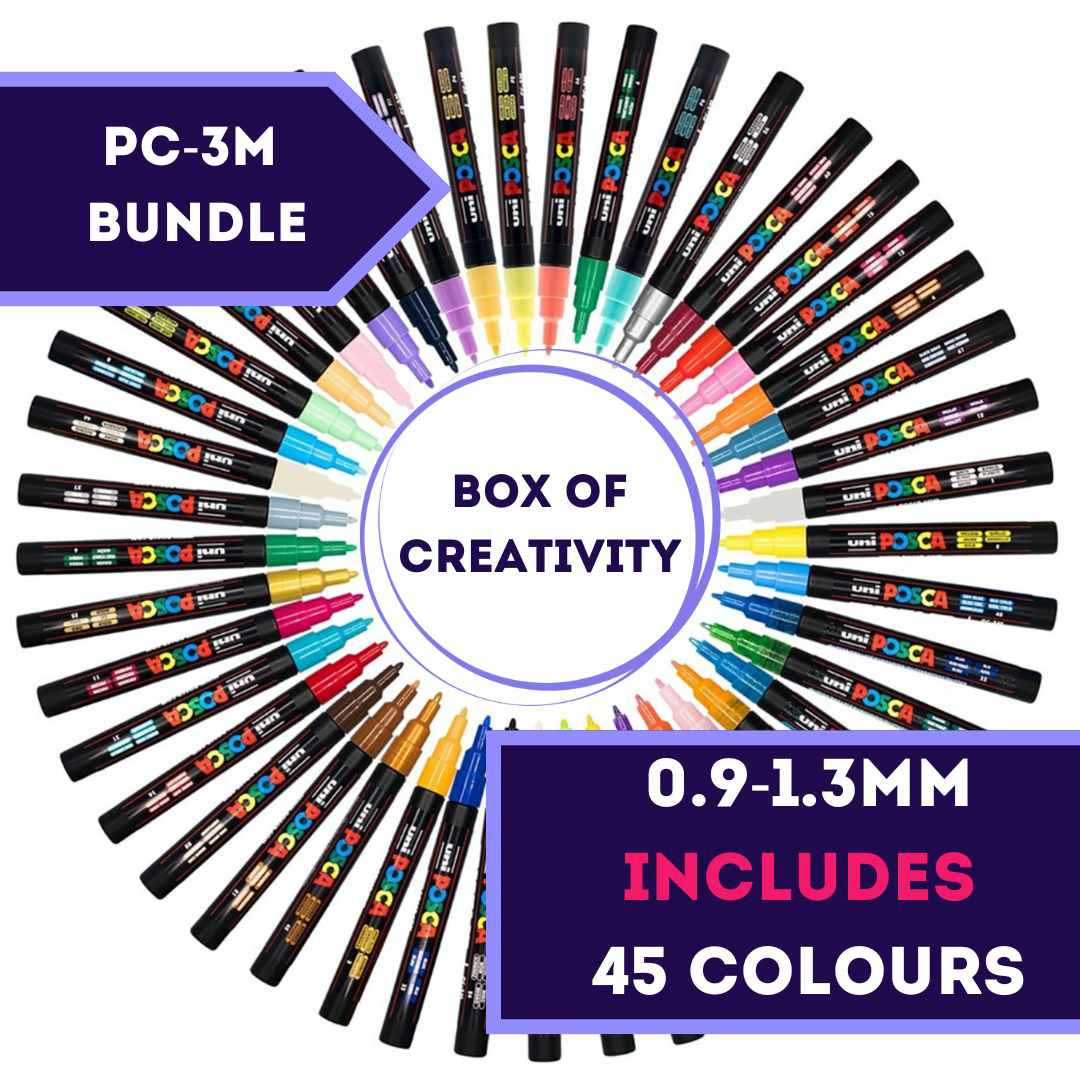 All 45 POSCA PC-3M colours fanned around the PoscART box