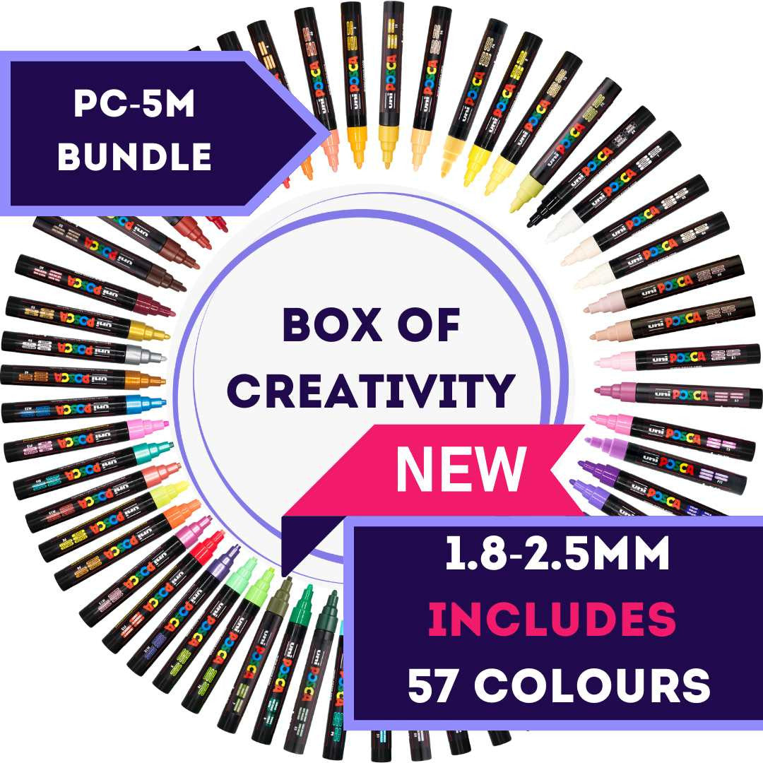 All 57 POSCA PC-5M colours fanned in a circle around the PoscART box