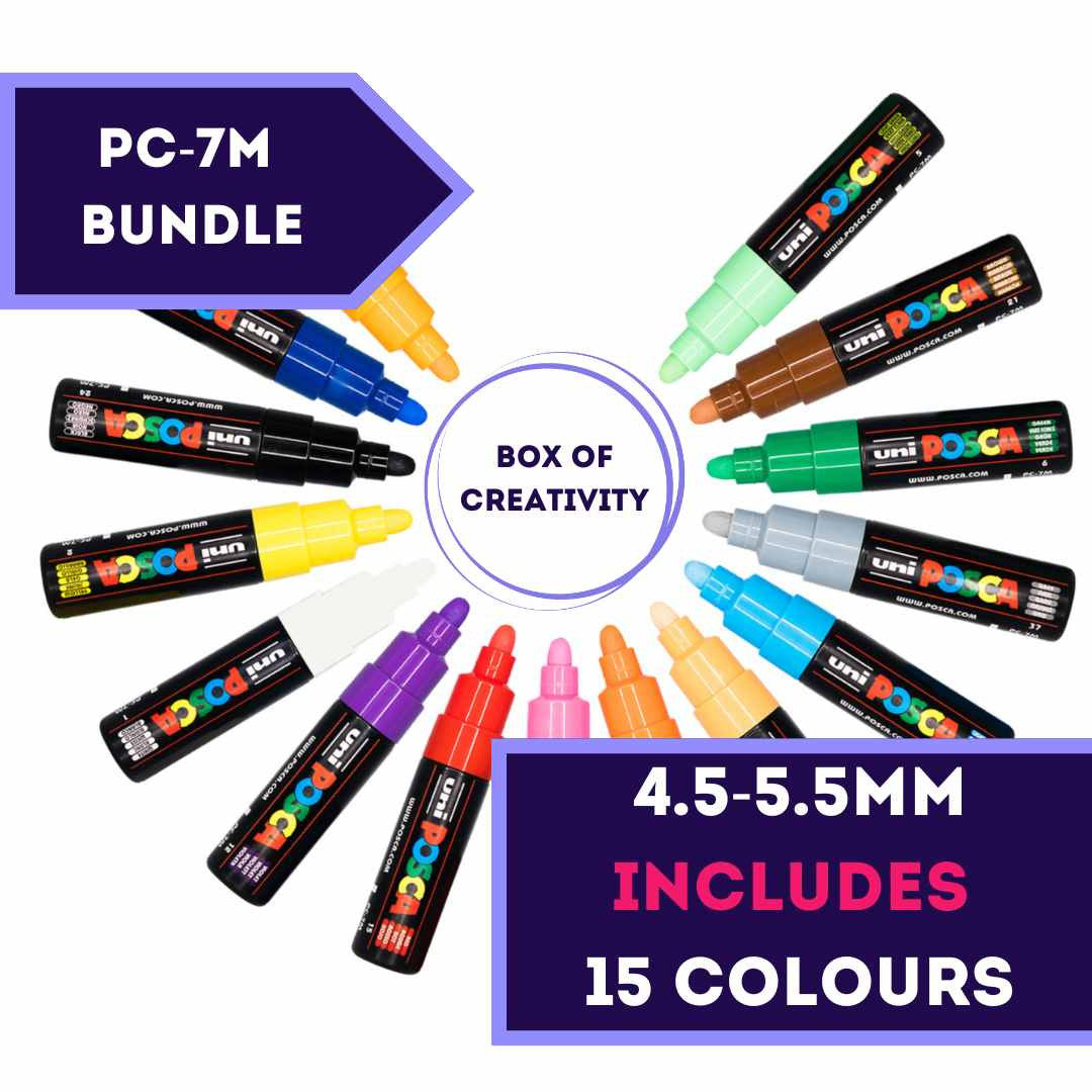 POSCA PC-7M broad bullet tip set of 15 colours laid out
