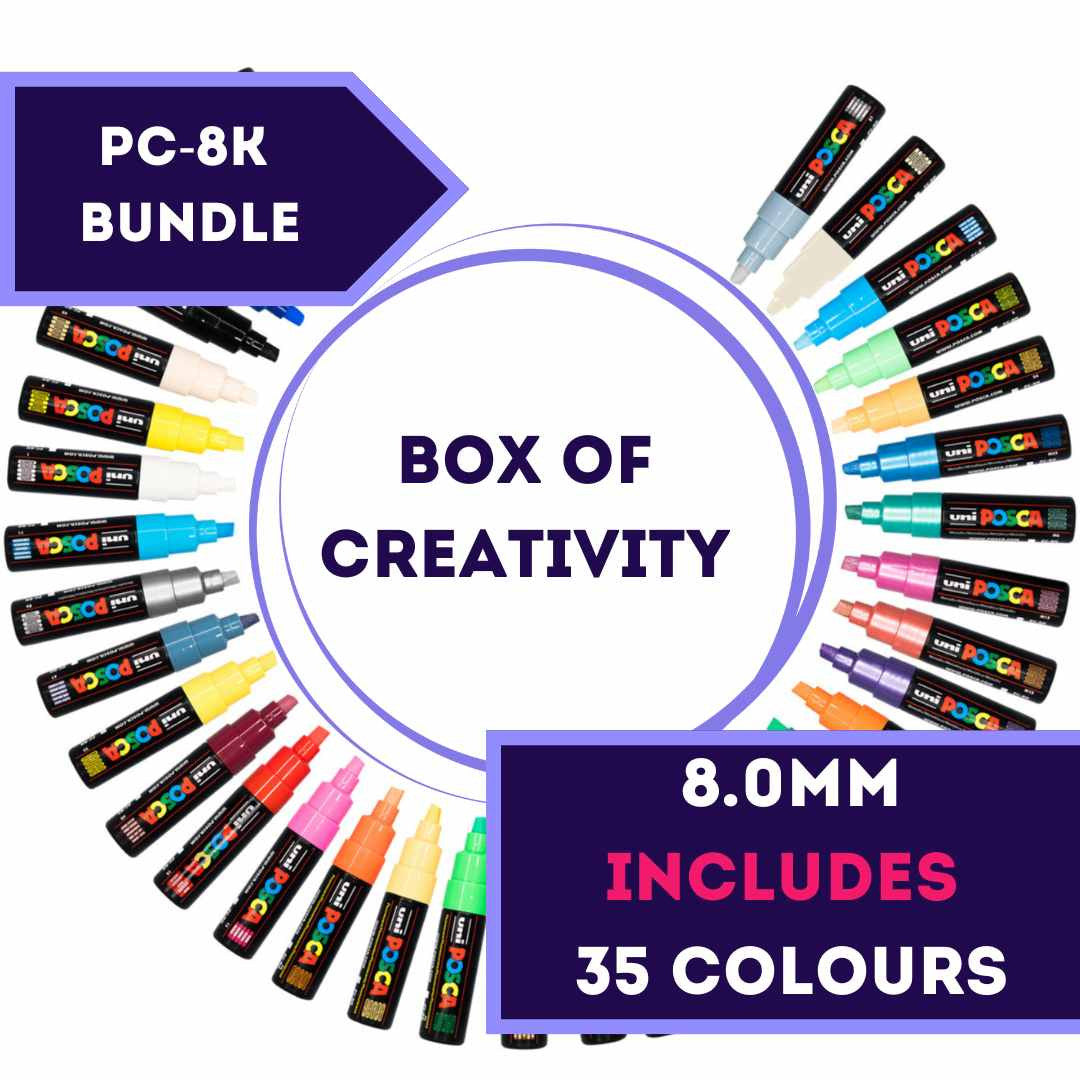 All 35 POSCA PC-8K chisel tip colours fanned around the PoscART box