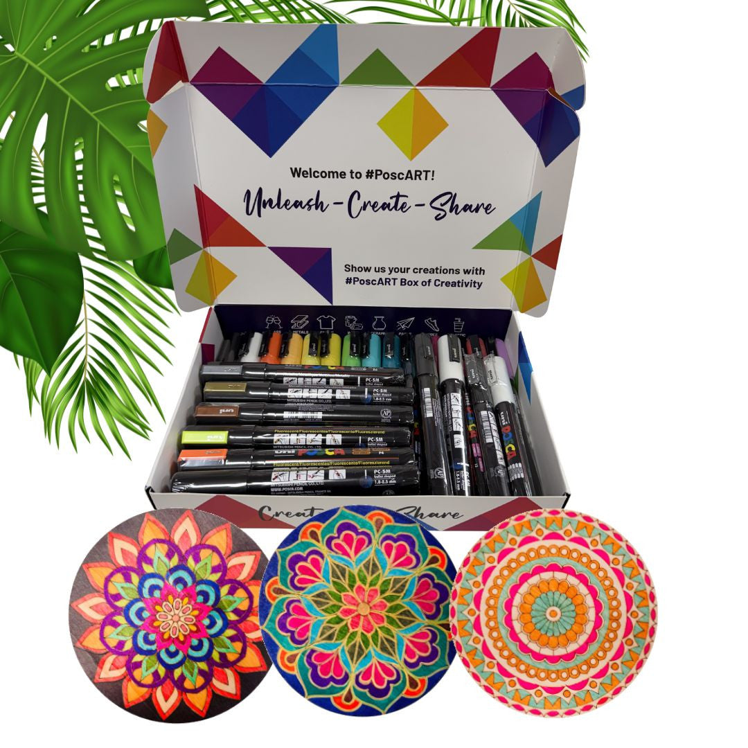 PoscART mandala bundle with 24 POSCA markers and three decorated wooden mandala discs in a gift box