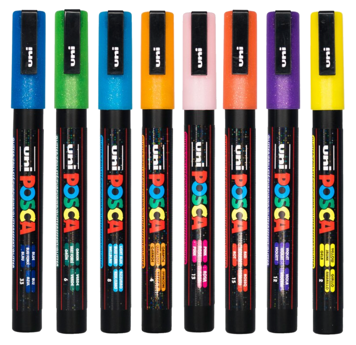 Eight POSCA PC-3M glitter markers standing with coloured caps