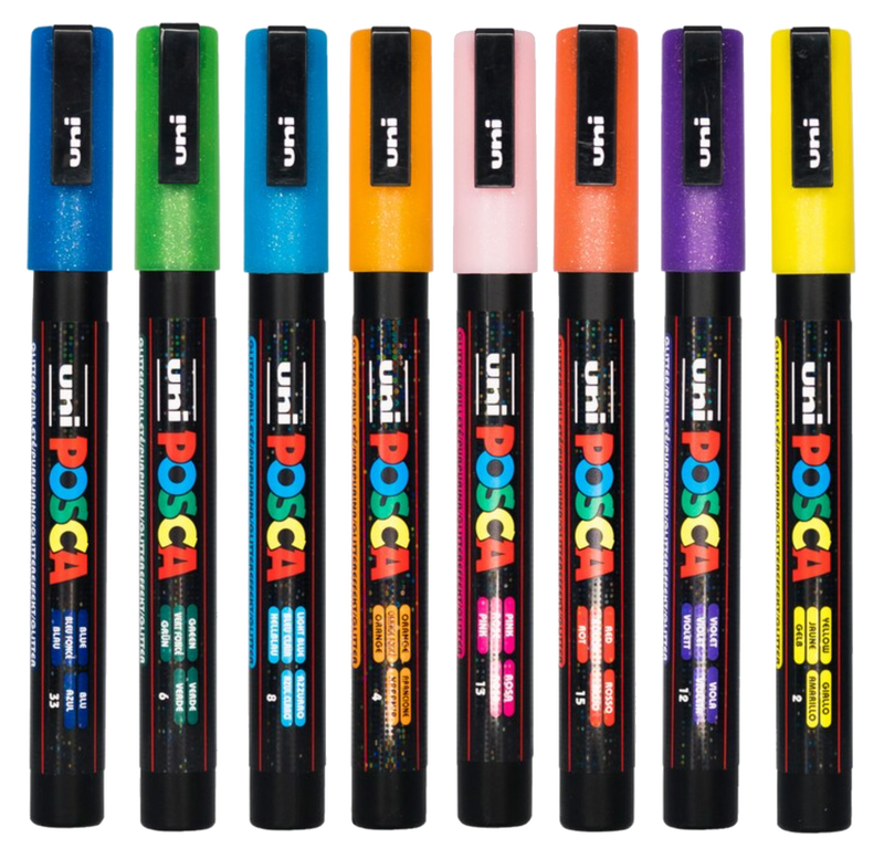 Eight POSCA PC-3M glitter markers standing with coloured caps