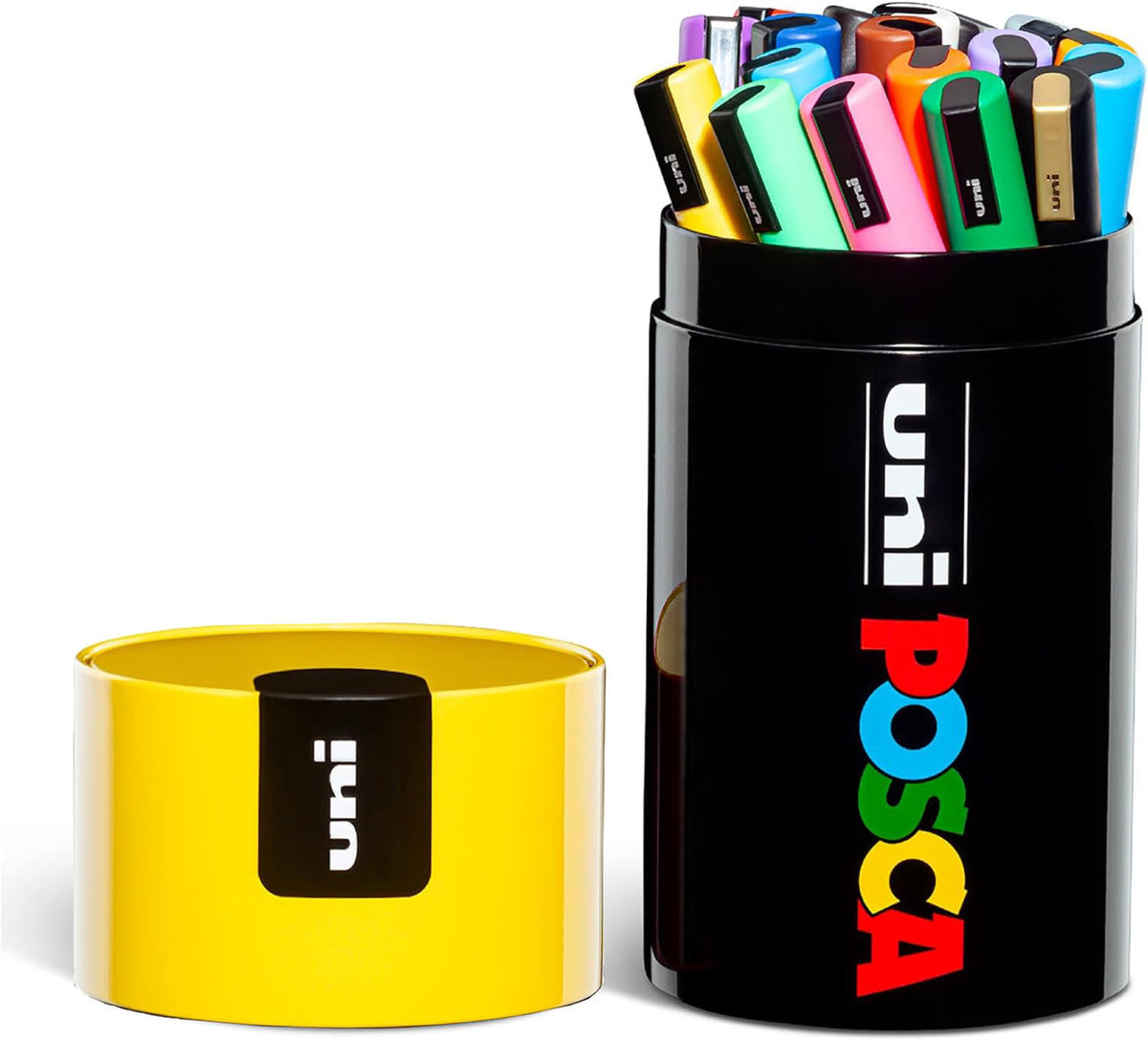POSCA PC-5M gift tin open showing 20 markers in the tray