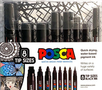 POSCA black marker set of 8 tip sizes in PoscART packaging