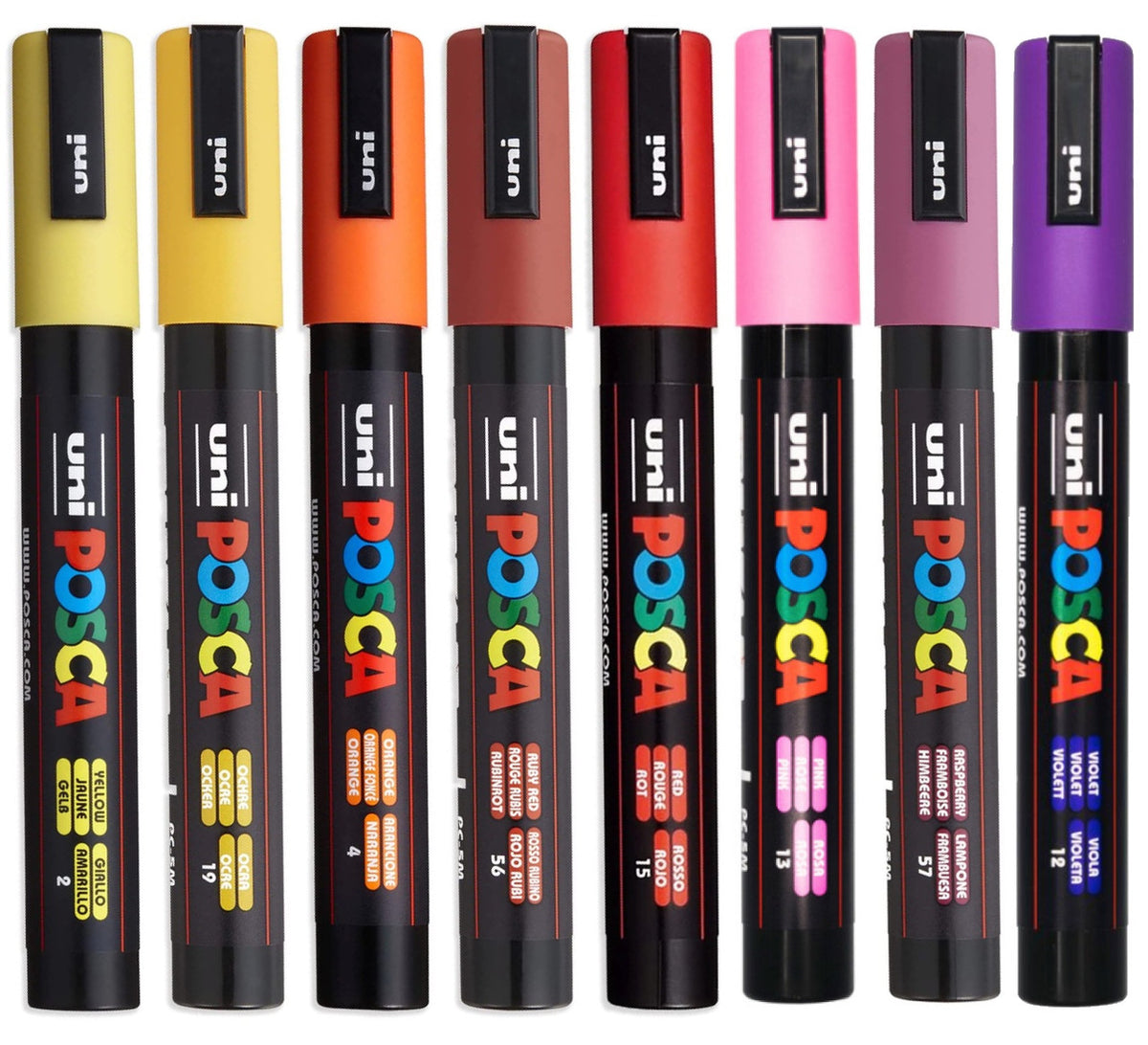 POSCA PC-5M Warm Sunset colour tones wallet of 8 lined up by shade