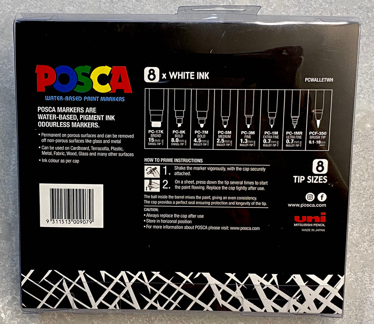 Back of the POSCA white 8 tip set box